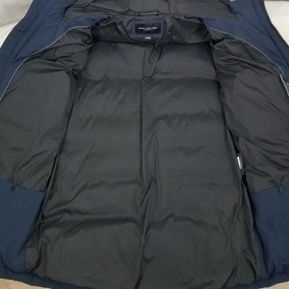 NWT MARC NY Andrew Marc Holden Jacket Coat Parka Duck Down Navy Hooded Mens L